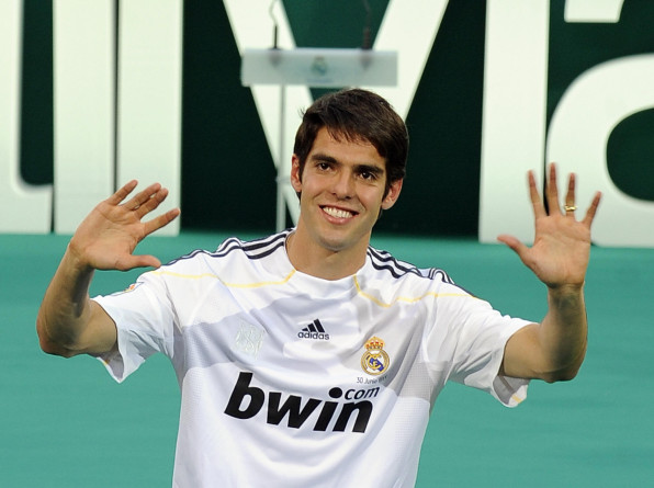 Real Madrid new player Brazilian midfielder Kaka waves to supporters during his official presentation on June 30, 2009 at the Santiago Bernabeu stadium in Madrid. Real Madrid presented to thousands of supporters its new star, 27 years-old Brazilian Kaka, whose full name is Ricardo Izecson Dos Santos Leite, signed for 65 million euros from AC Milan. AFP PHOTO / PEDRO ARMESTRE (Photo credit should read PEDRO ARMESTRE/AFP/Getty Images)