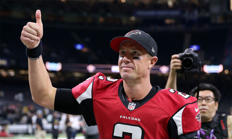 Sep 26, 2016; New Orleans, LA, USA; Atlanta Falcons quarterback Matt Ryan (2) celebrates while leaving the field after defeating the New Orleans Saints 45-32 at the Mercedes-Benz Superdome. Mandatory Credit: Chuck Cook-USA TODAY Sports
