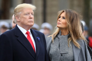 epa07157928 US President Donald J. Trump (L) and his wife US First Lady Melania Trump prepare to leave after they attended a ceremony at the Arc de Triomphe in Paris, France, 11 November 2018 as part of commemorations marking the 100th anniversary of the armistice, ending World War I. World leaders have gathered in France to mark the 100th anniversary of the First World War Armistice with services taking place across the world to commemorate the occasion. EPA/LUDOVIC MARIN / POOL MAXPPP OUT