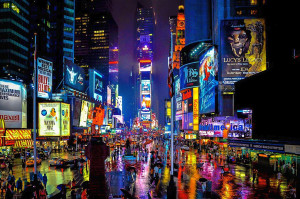 Times Square in New York on a rainy night.