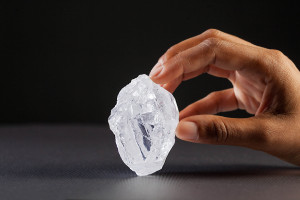 NEW YORK, NY - MAY 03: (This image has been digitally altered) A view of the 1,109-carat "Lesedi la Rona": the largest gem-quality rough diamond to be discovered in over a century, and the largest rough diamond in existence today, at Sothebys, New York, NY, on May 3, 2016. The "Lesedi la Rona" will be auctioned at Sothebys London on 29 June 2016, estimated to sell for in excess of $70 million. (Photo by Donald Bowers/Getty Images for Sotheby's)
