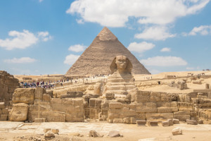 Great Sphinx of Giza is one of Egypt’s most famous landmarks and is arguably the best-known example of sphinx art. The Great Sphinx is among the world’s largest sculptures, measuring some 73 meters long and 20 meters high. It features a lion’s body and a human head adorned with a royal headdress. According to some estimates, it would have taken about three years for 100 workers, using stone hammers and copper chisels, to finish the statue.