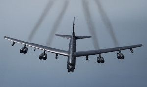 A U.S. B-52H Stratofortress prepares to join with Qatar Emiri Air Force Mirage 2000s and U.S. F-35A Lightning IIs to fly in formation over Southwest Asia, May 21, 2019. This flight was conducted to continue building military-to-military relationships with the QEAF. The B-52H is part of the Bomber Task Force deployed to the U.S. Central Command area of responsibility to defend U.S. forces and interests in the region. (U.S. Air Force photo by Senior Airman Keifer Bowes)